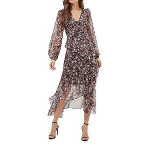 ASTR the Label Metallic Ruffled Floral Midi Asymmetrical Dress‎ women's sz M